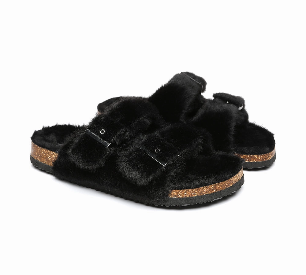 Chanel Espadrilles Heels Australian Sheepskin Double Straps Fuzzy Slide Sandals