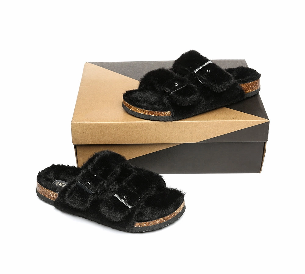 Australian Sheepskin Double Straps Fuzzy Slide Sandals Espadrille Puma