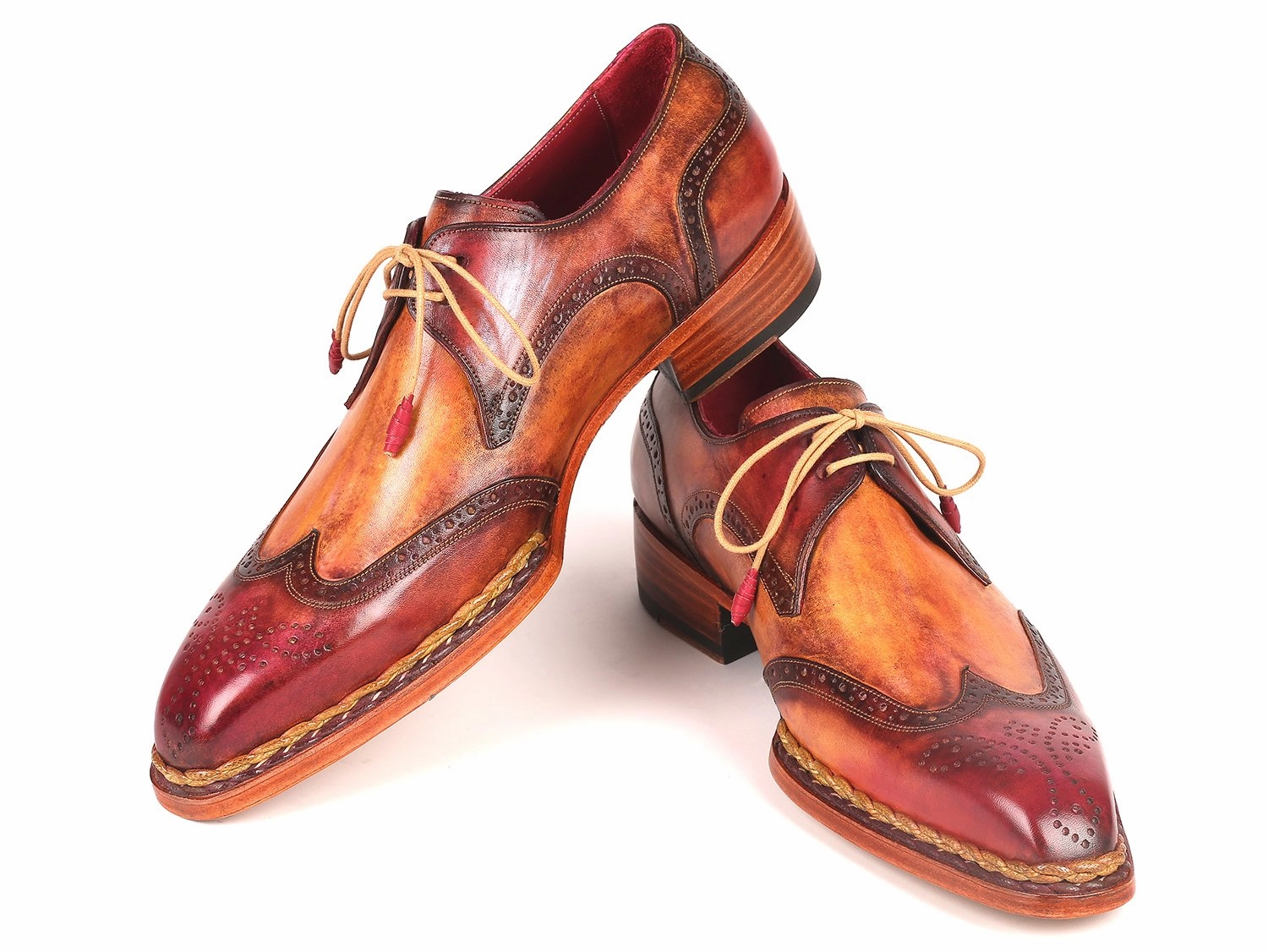 Lace Up Designer Shoes Paul Parkman Norwegian Welted Wingtip Derby Shoes in Red and Camel