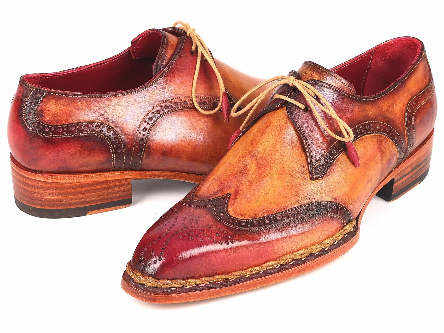 Wedding Shoes Lace Up Paul Parkman Norwegian Welted Wingtip Derby Shoes in Red and Camel