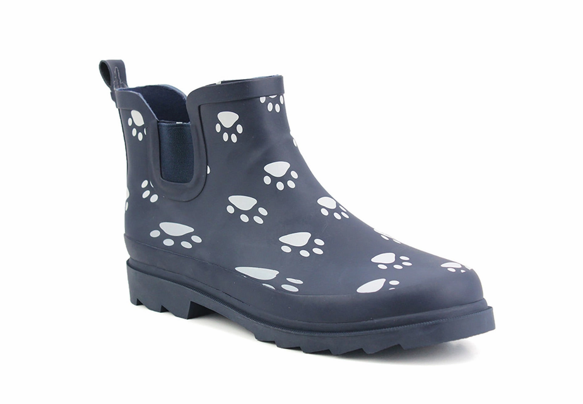 Womens Ladies Navy Animal Paw Print Short Welly Shoes Wellington Wellies Ankle Boots No Heel Boots