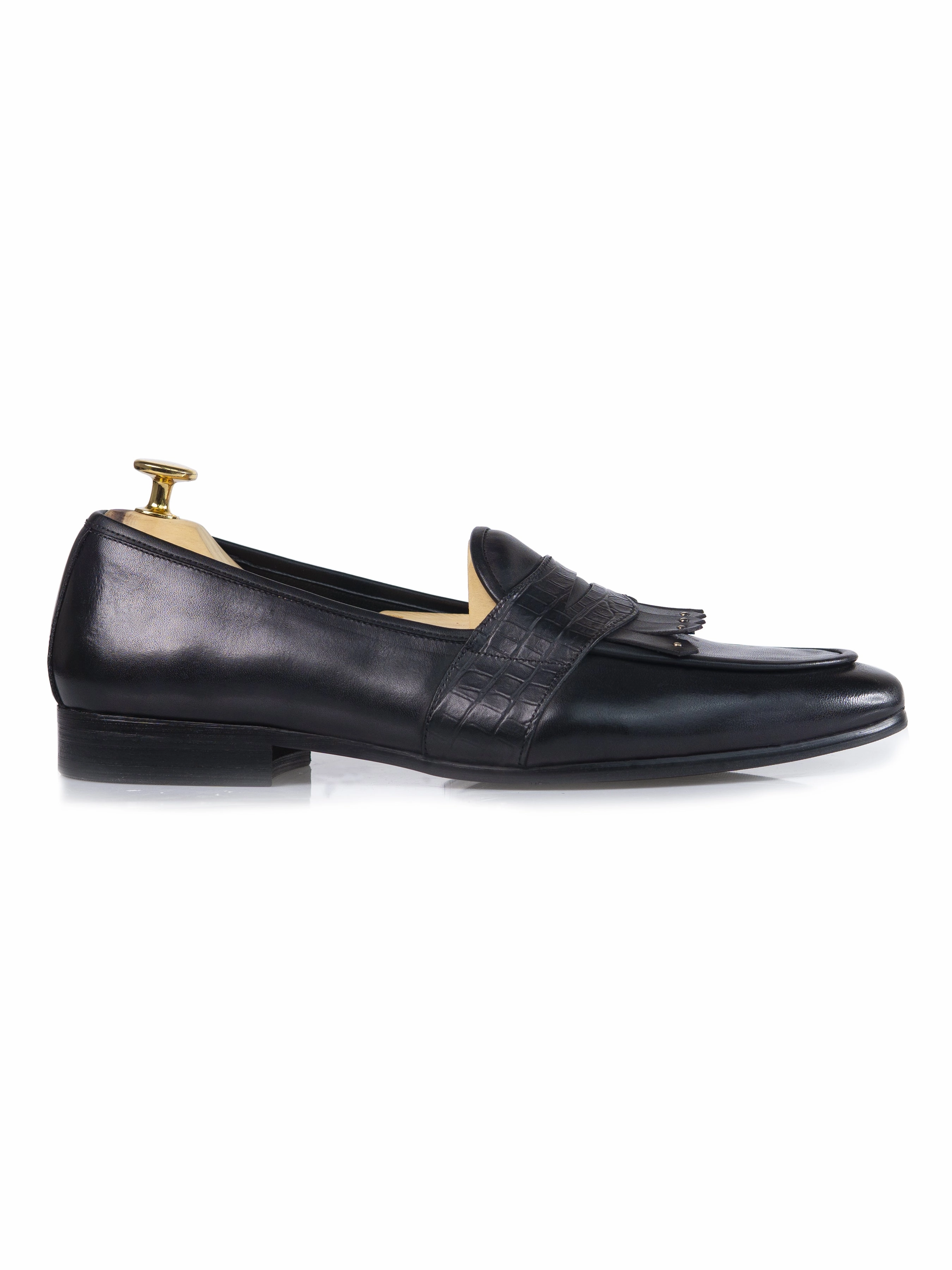 Belgian Loafer - Black Grey Phyton Penny Strap with Studded Fringe (Hand Painted Patina) Trendy Loafers 2024
