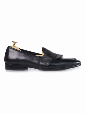 Belgian Loafer - Black Grey Phyton Penny Strap with Studded Fringe (Hand Painted Patina) Celine Margaret Loafers