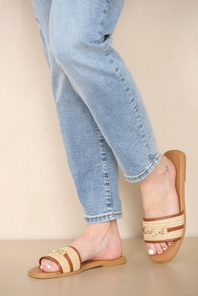 Shoe Inserts For Ballet Flats TAN PU GOLD TRIM DETAIL SLIDER SANDALS (PACK B)