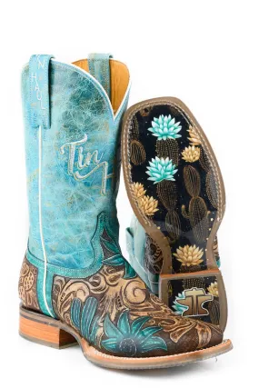 Tin Haul Womens Cactus Flower Brown/Turquoise Leather Cowboy Boots Boots The Monkey