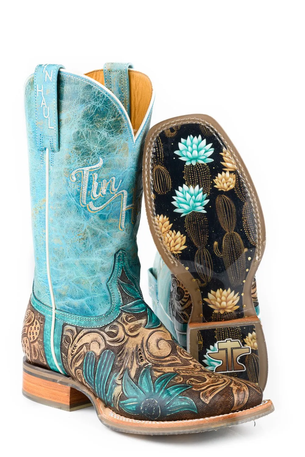 Black Boots Knee High Tin Haul Womens Cactus Flower Brown/Turquoise Leather Cowboy Boots