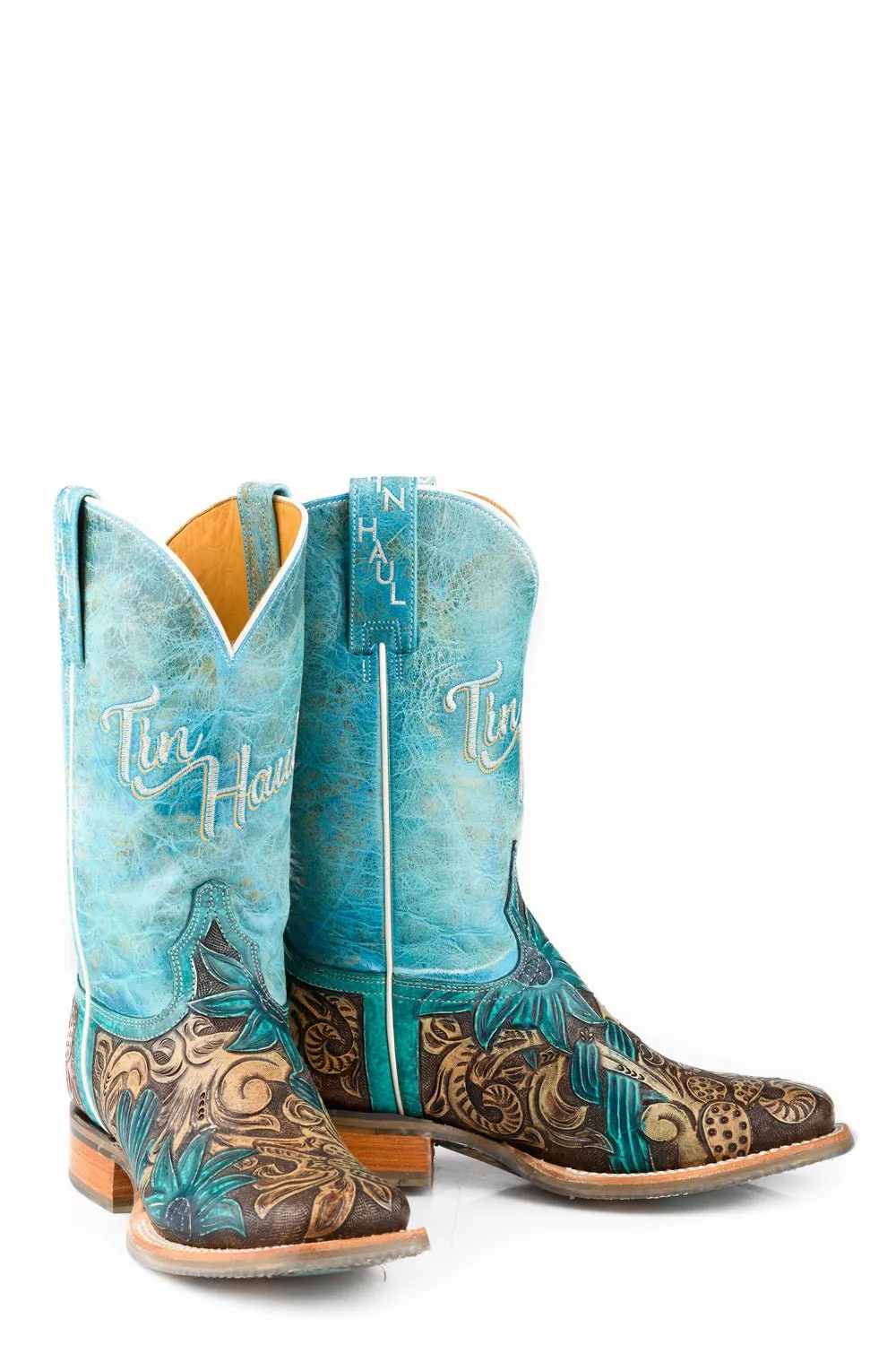 Cowboy Square Toe Boots Tin Haul Womens Cactus Flower Brown/Turquoise Leather Cowboy Boots