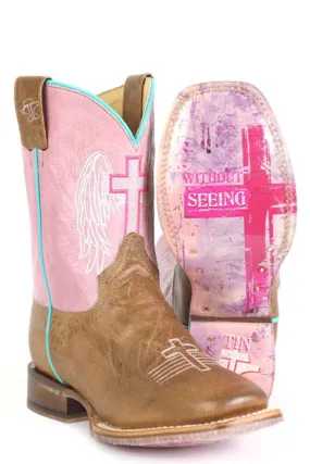 G By Guess Boots Tin Haul Youth Girls Blessed Angel Wings Pink/Brown Leather Cowboy Boots