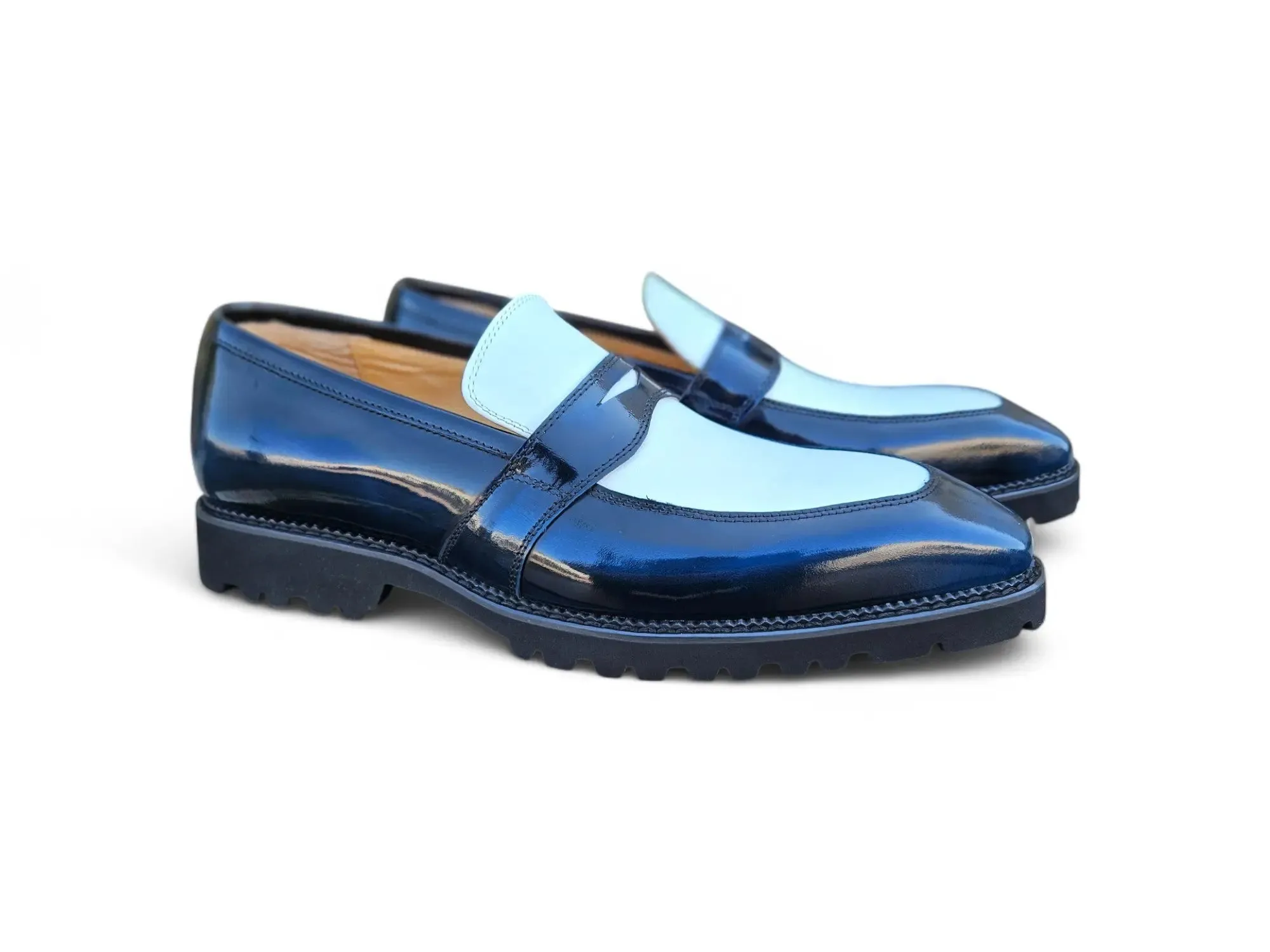 Two Tone Patent Leather Penny Loafer Slacks And Loafers