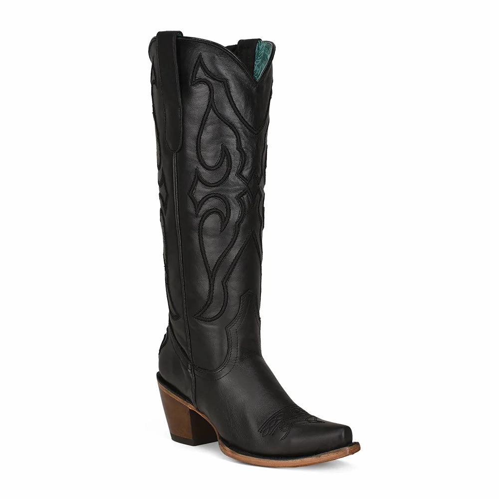 Corral Ladies Stitch Pattern & Inlay Snip Toe Black Tall Boots Z5075 Closed Toe Shoes To Wear With Dresses