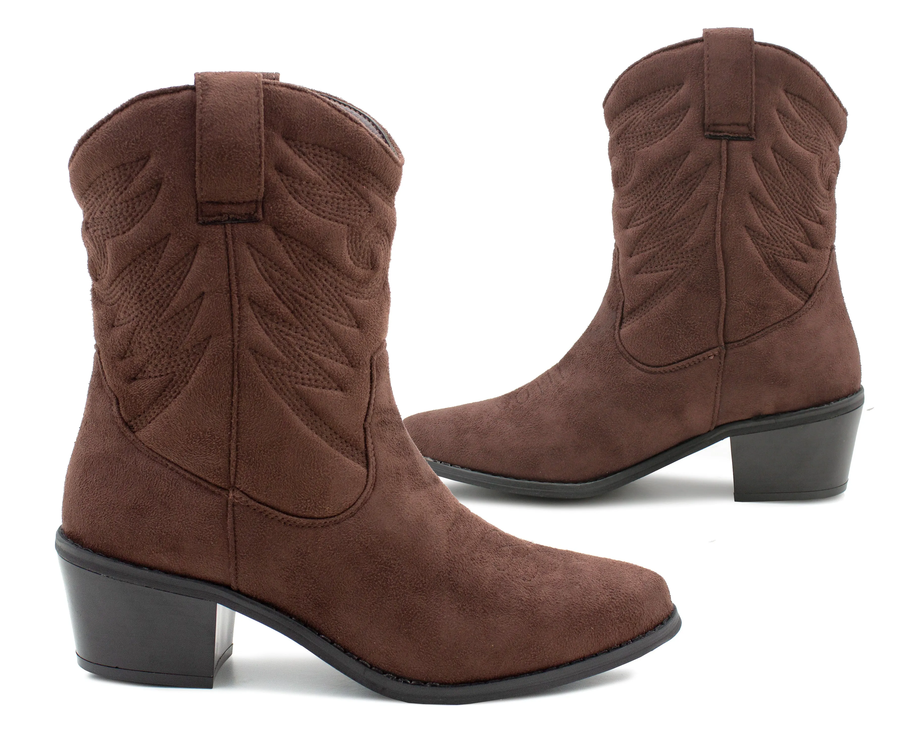 Best Horse Riding Boots Womens Cowboy Boots Mid Calf Western Brown Faux Suede Leather Embroidered Cowgirl Boot Pull On Block Heel Pointed Toe Boots